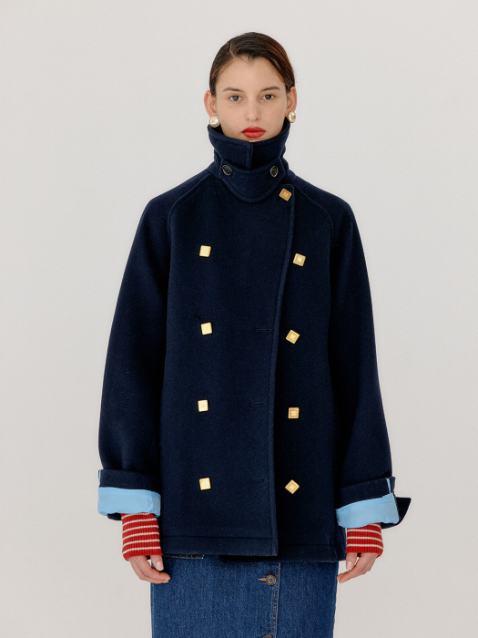 VANDY Double-Breasted Pea Coat - Navy