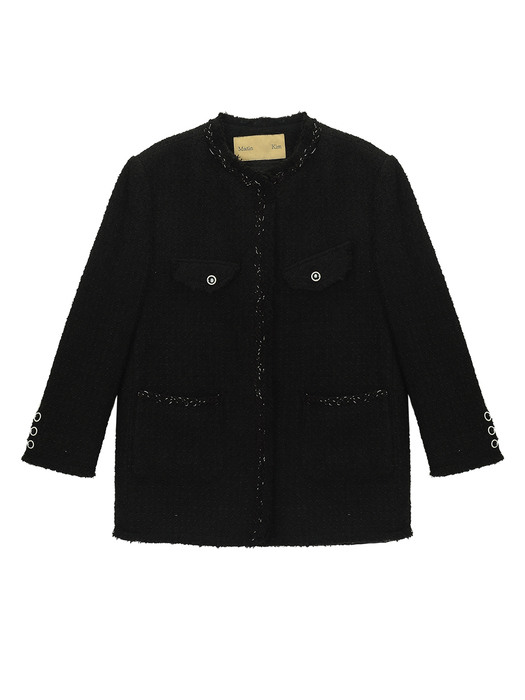 COLLARLESS TWEED JACKET IN BLACK