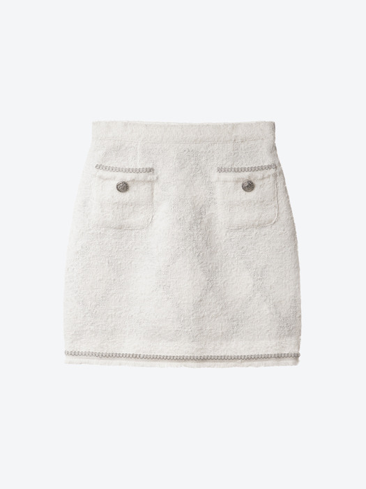 Chain Embellished-Tweed Mini Skirt(White)_UWS-FS20