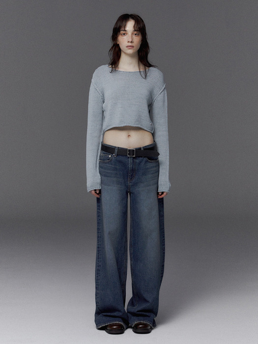 DYING WASH CROPPED LONG SLLEVE KNIT, SKYBLUE