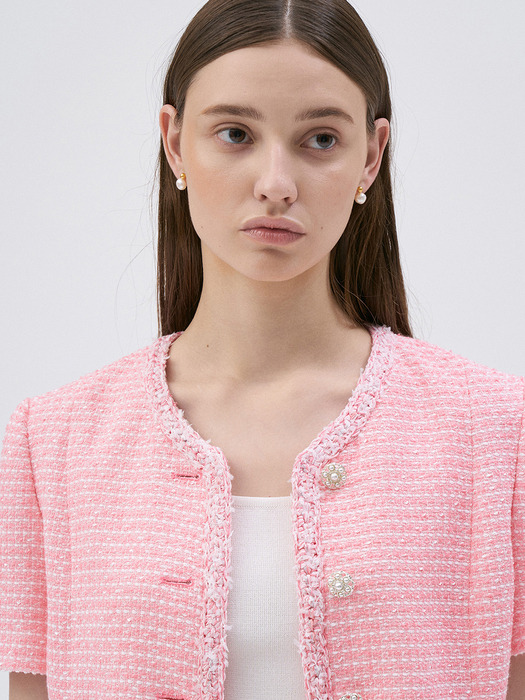 Half Sleeve Tweed Jacket-Pink