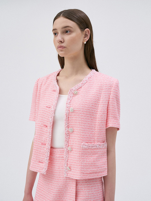 Half Sleeve Tweed Jacket-Pink