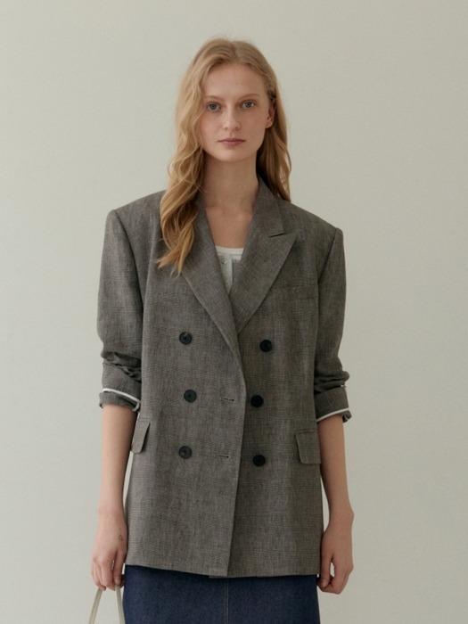LINEN DOUBLE BREAST CHECK JACKET CHARCOAL