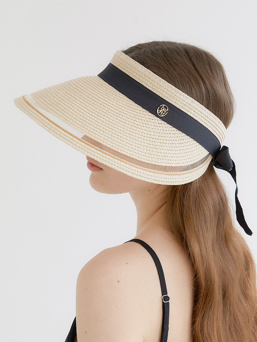 mesh ribbon logo pendant raffia sun visor (C008_ivory)