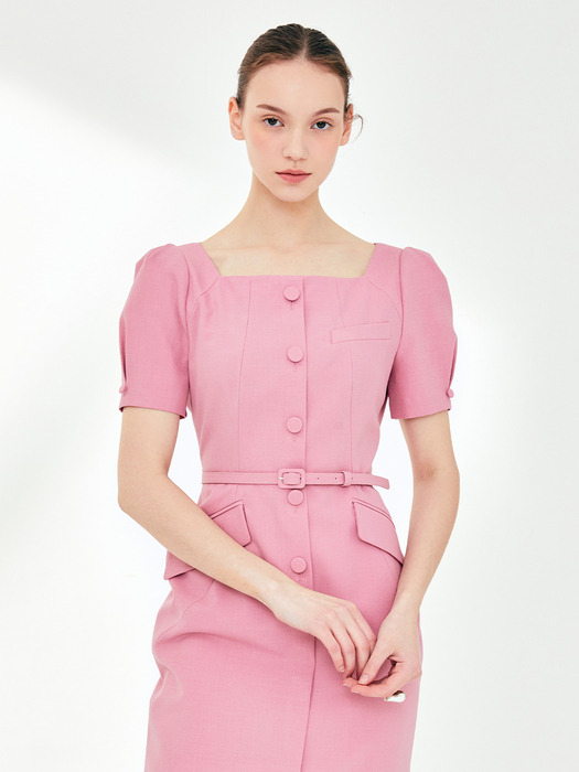 EMILY Square neck H-line dress (Rouge pink/Mint)