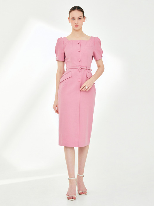 EMILY Square neck H-line dress (Rouge pink/Mint)