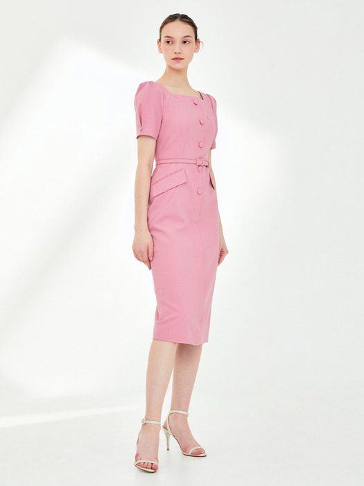 EMILY Square neck H-line dress (Rouge pink/Mint)