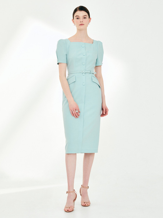 EMILY Square neck H-line dress (Rouge pink/Mint)