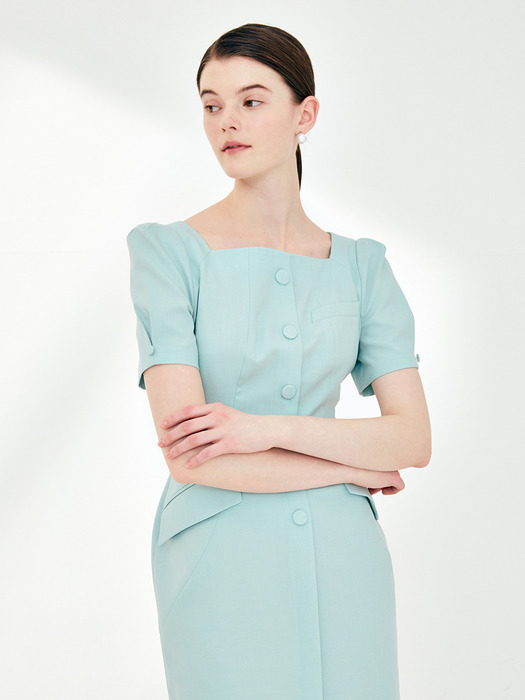 EMILY Square neck H-line dress (Rouge pink/Mint)