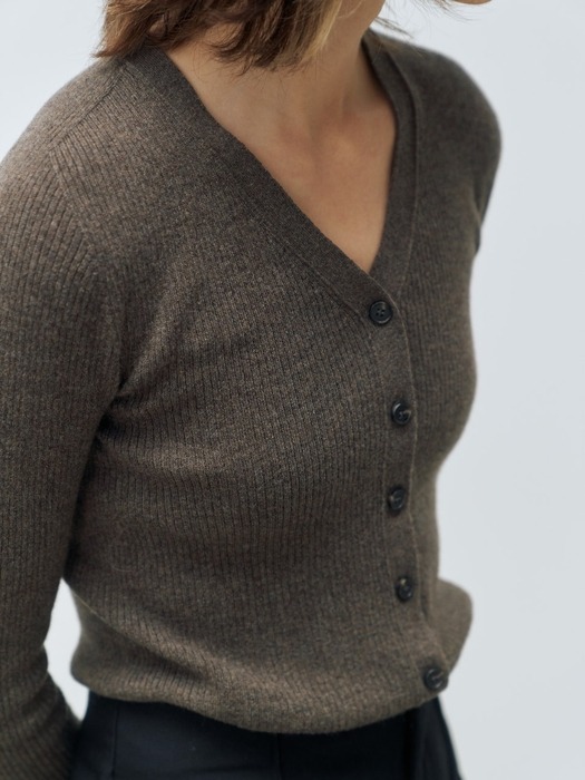 italy cashmere 20% - v-neck rib cardigan (brown)