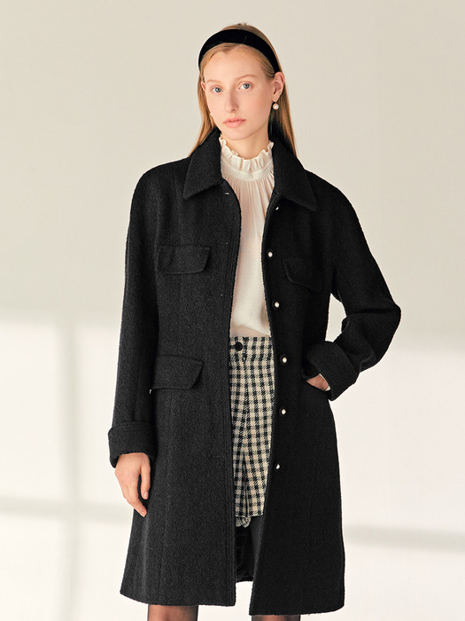 MELORA Stand collar semi A-line wool half coat (Black)