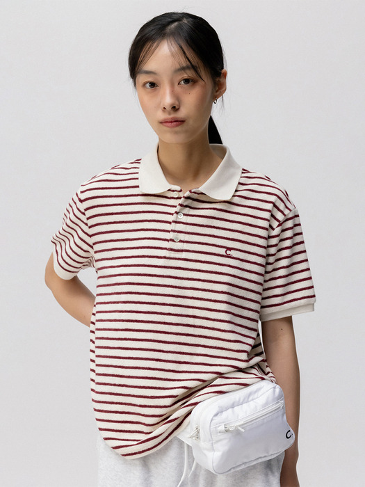 [24SS clove] Soft Stripe Terry Polo Shirt (Burgundy)