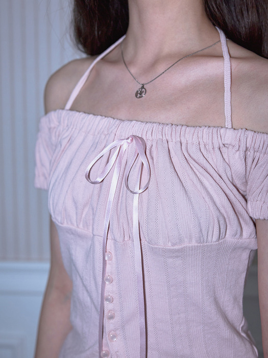 Shirring Holter Off Shoulder T-shirt [Pink]