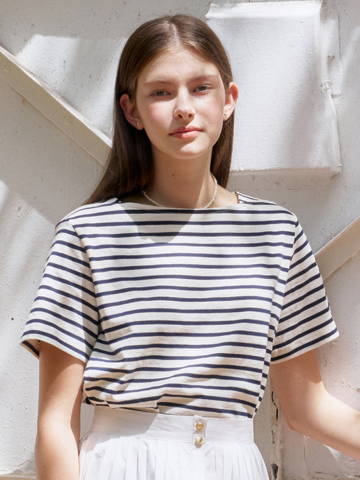 S Boat Neck Stripe Half Tshirt_3colors