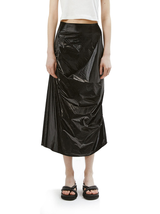 THREE TO EIGHTY ♥ SHIRRING UNBAL JERSEY SKIRT/追跡付 쓰리투에이티]UNBALANCED SHIRRING SKIRT (BLACK)