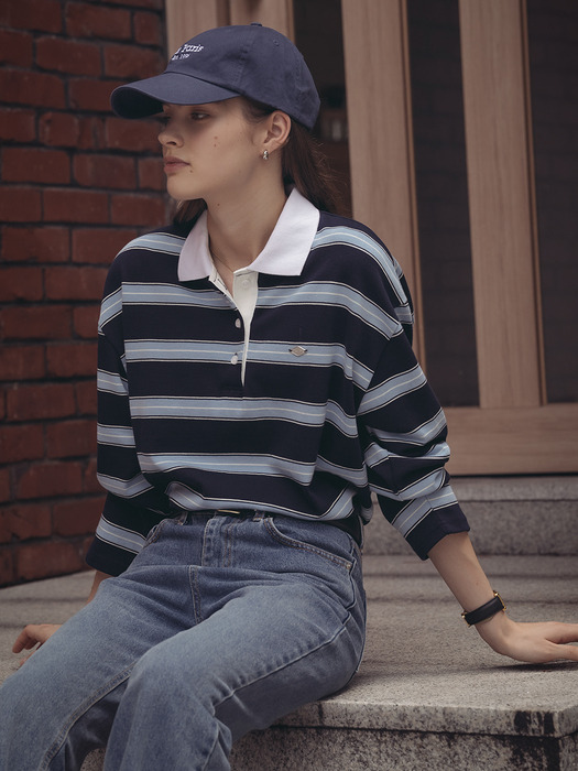 Cotton stripe base collar polo t-shirt_Navy