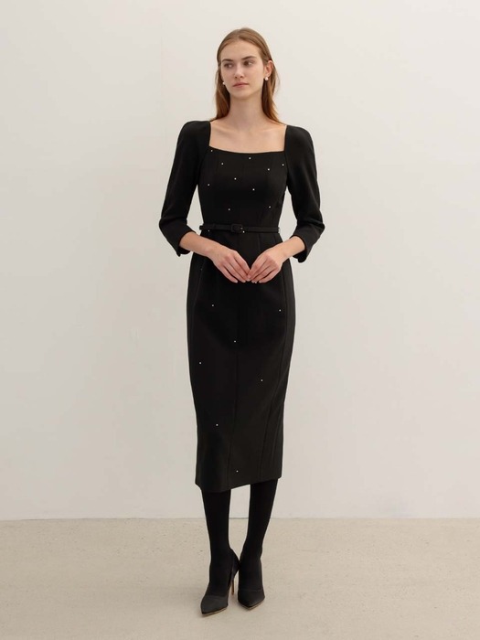 ANAYA Square neck crystal embellished H-line midi dress (Black)