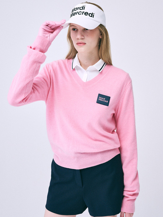 CASHMERE BLENDED V-NECK KNIT SQUARE LOGO WAPPEN_PINK NAVY