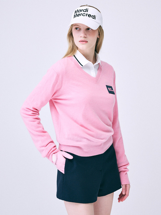 CASHMERE BLENDED V-NECK KNIT SQUARE LOGO WAPPEN_PINK NAVY