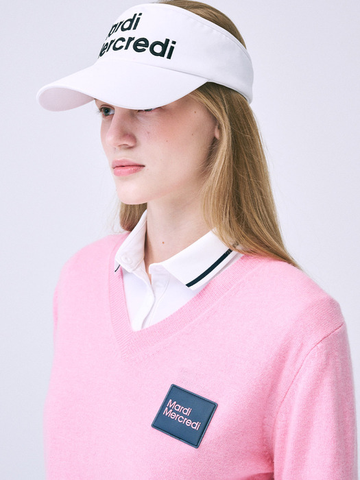 CASHMERE BLENDED V-NECK KNIT SQUARE LOGO WAPPEN_PINK NAVY