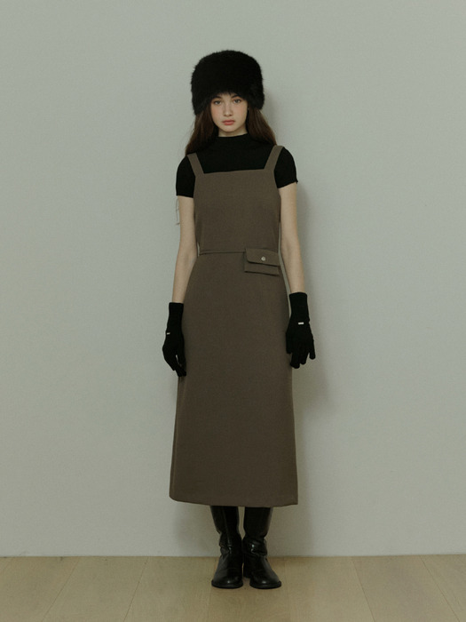 Belt layered point H line long dress - dustyolive