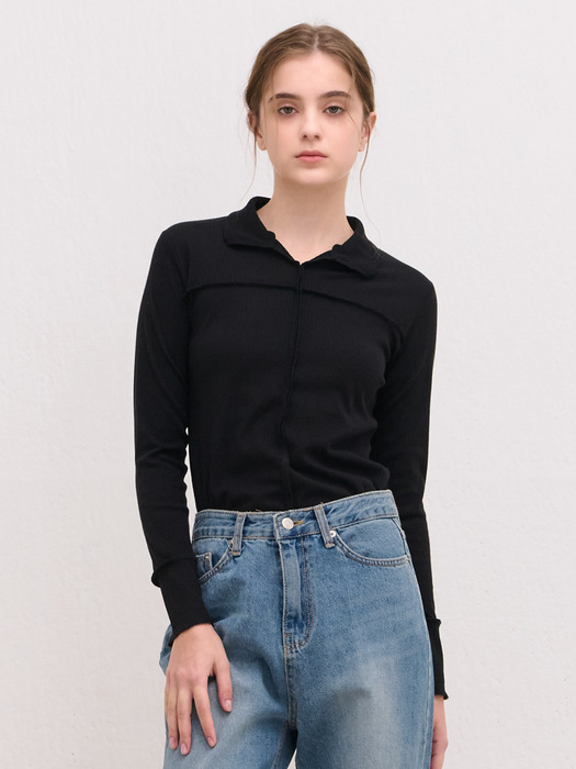 CUTTONG LINE STITCH COLLAR T-SHIRT BLACK