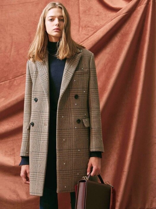 CRYSTAL EMBELLISHED HALF COAT. BROWN CHECK