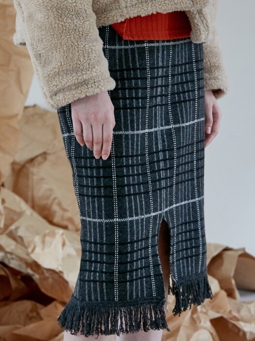 comos100 check slit wool knit skirt (grey)
