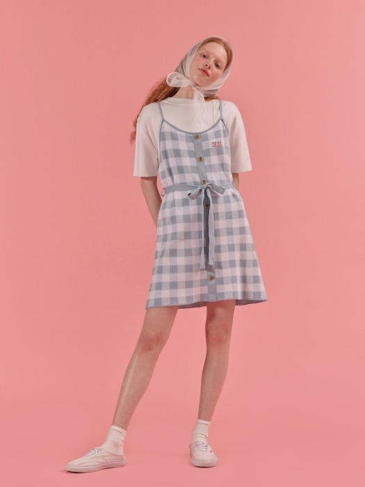 GINGHAM CHECK KNIT ONEPIECE_sky blue
