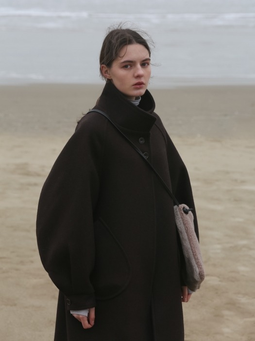 OVER DROP WOOL COAT - DARK BROWN