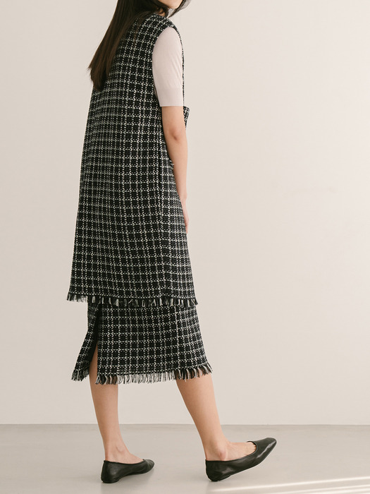 DARK NAVY CHECK PATTERN TWEED SKIRT