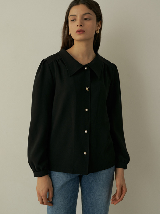 comos415 square collar shirring blouse (black)