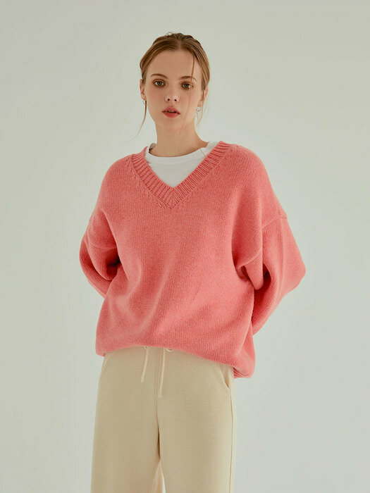 Cream V-neck Loose Knit[pink]
