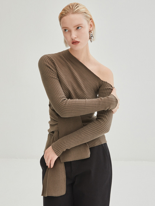 Tied Waist One Shoulder Top - Khaki Brown