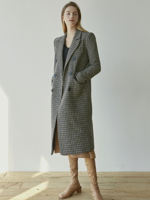 JENNY DOUBLE LONG COAT_CHECK BROWN