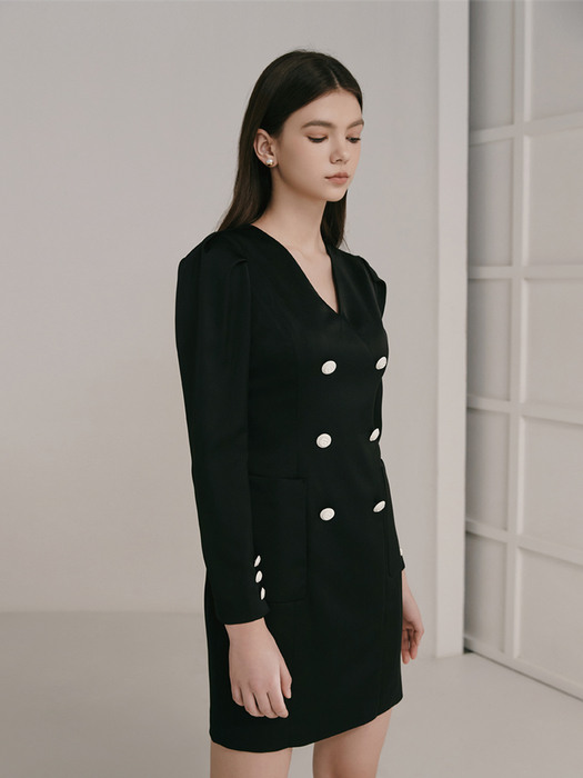 PAMELA / Double Button Black Mini Dress