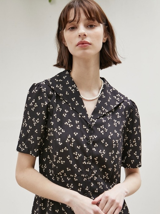 Floral Collar Shirring Dress - Black