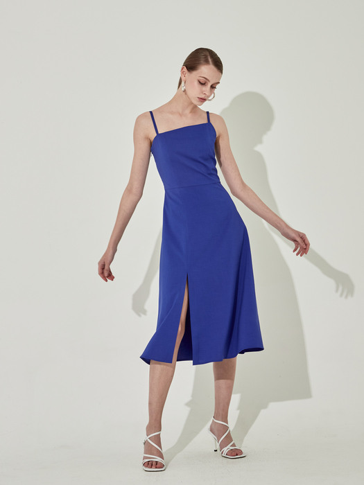 Unbalanced Slit Flare Dress [Blue]