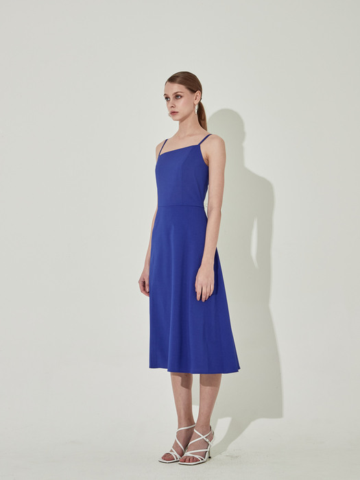 Unbalanced Slit Flare Dress [Blue]