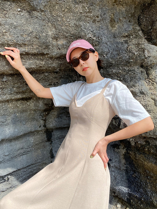 [SET] DARANGSWI Tube top dress (Beige) + LETTERTING T-shirt (White) + SEONYUDO Basic logo ball cap (Pink)