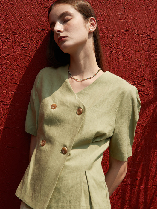 amr1265 v-neck linen double blouse (green yellow)