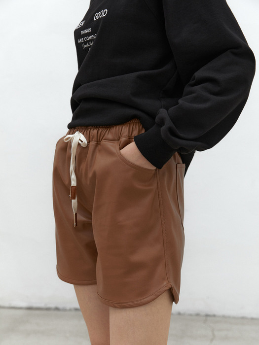 String Leather Shorts Brown