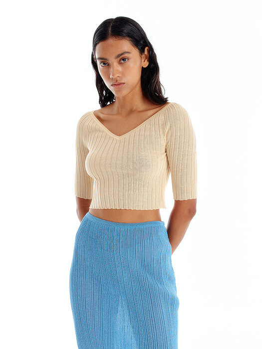UVINA Wide V-Neck Knit Top - Light Yellow