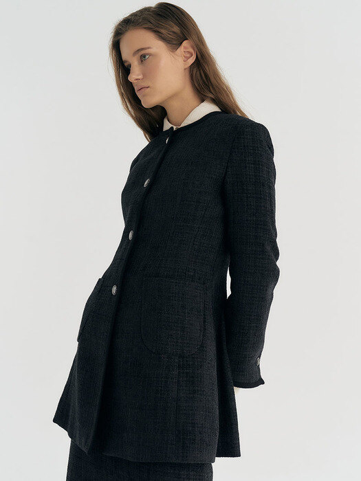 Structured Tailored Tweed long Jacket (Black)