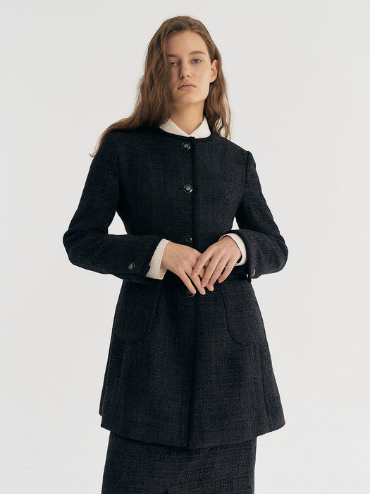 Structured Tailored Tweed long Jacket (Black)
