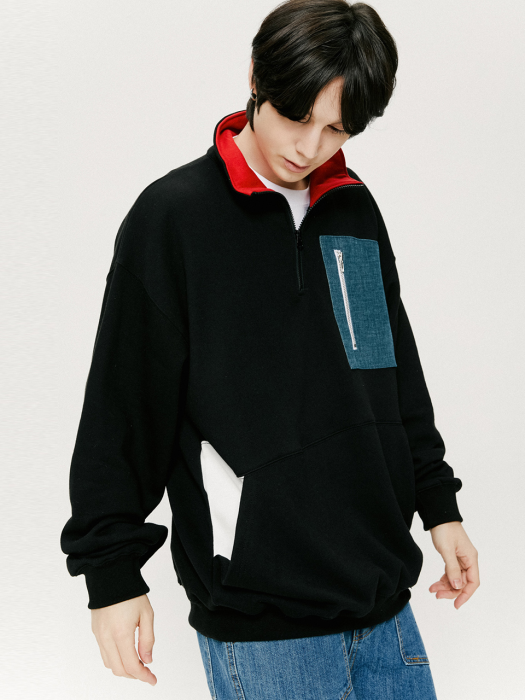 QT COLLAR BLOCK ANORAK SWEAT-BLACK