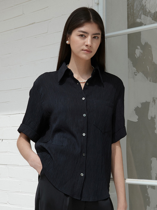 OU862 wrinkle roll up half shirts (black)