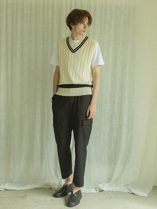 CP-800 Linen wide cargo pants_Black