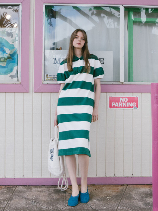 [N]MANINI Collar stripe long dress (Green)