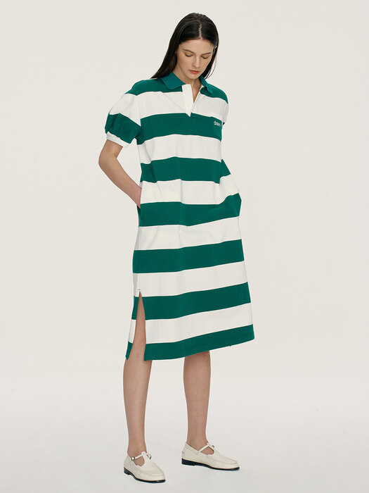 [N]MANINI Collar stripe long dress (Green)